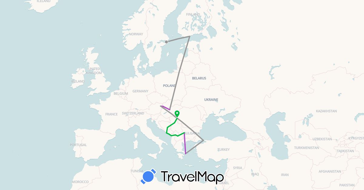 TravelMap itinerary: bus, plane, train in Albania, Austria, Bosnia and Herzegovina, Bulgaria, Finland, Greece, Croatia, Hungary, Montenegro, Macedonia, Romania, Serbia, Sweden, Slovakia, Turkey, Kosovo (Asia, Europe)